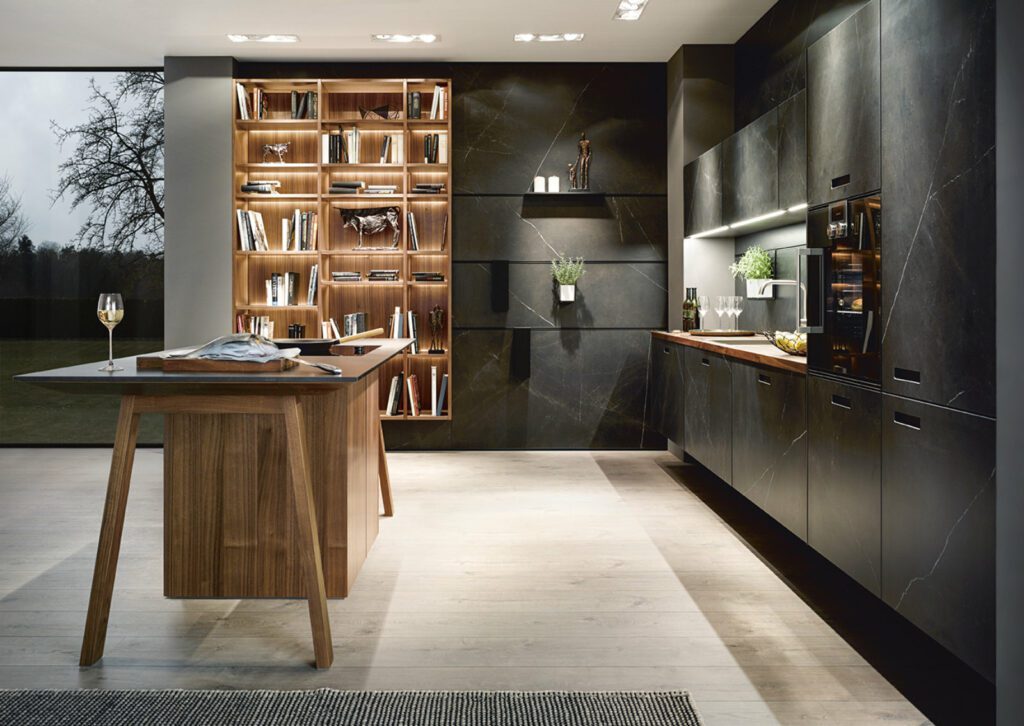 German Kitchens Dronfield | Affordable High Quality Kitchens - Next125 Dark Ceramic Wood L Shaped Kitchen With Island | Nobilia German Kitchens by Square, Sheffield